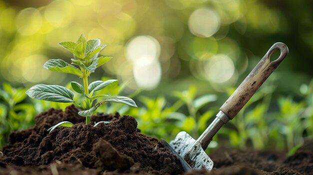 Planting a small plant on a pile of soil with garden