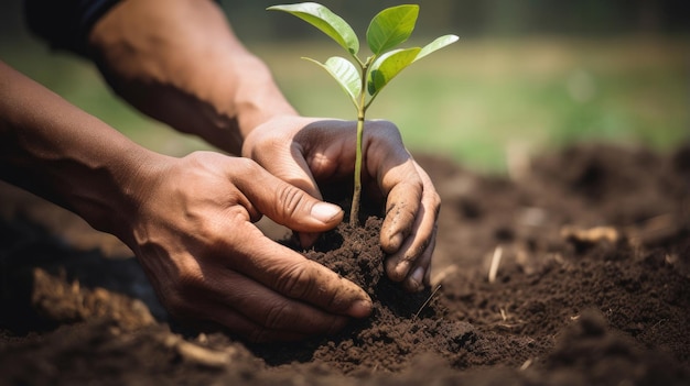 Planting tree seedlings by hand symbolizes growth and renewal of the forest atmosphere