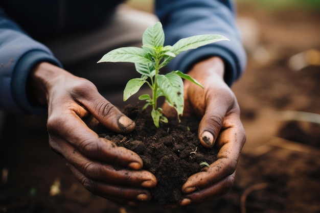 Planting trees for green sustainable future Person holding a plant in the dirt Generative AI