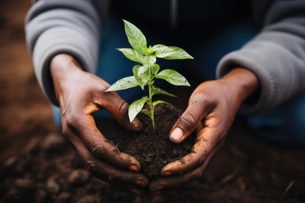 Planting trees for green sustainable future Person holding a plant in the dirt Generative AI