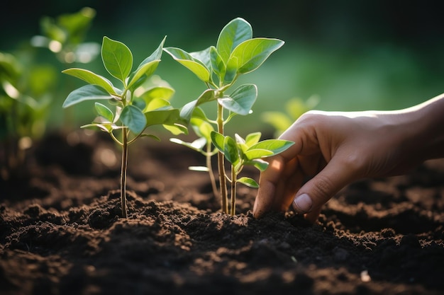 Planting trees for green sustainable future Person holding a plant in the dirt Generative AI