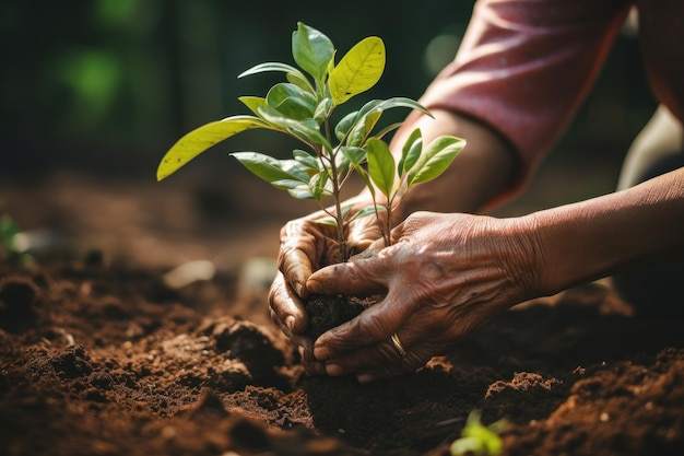 Planting trees for green sustainable future Person holding a plant in the dirt Generative AI