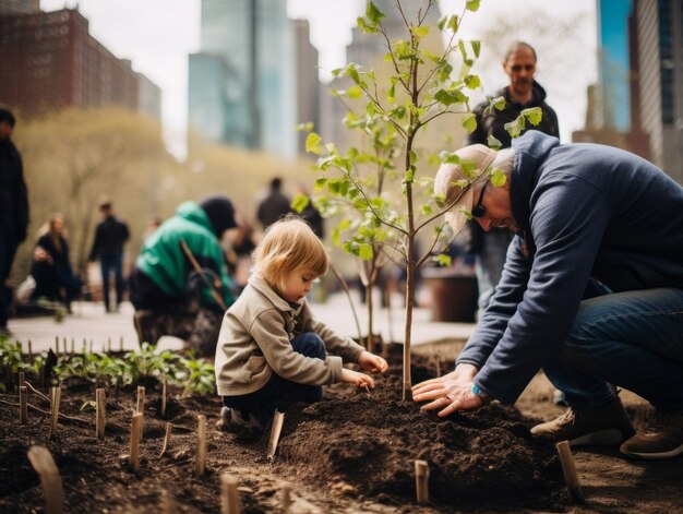 Planting trees in an urban park during a community event