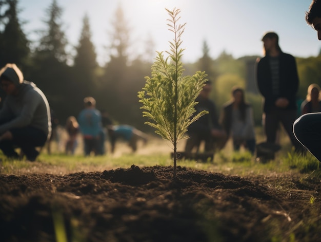 Planting trees in an urban park during a community event