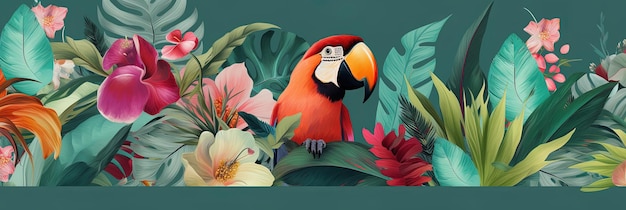 Plants flowers and birds with a tropical theme Illustration on tropical background