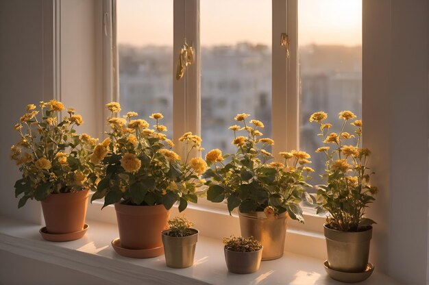 plants and flowers on the windowsill by the window High quality golden hour