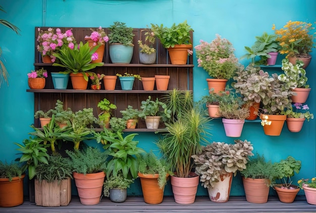 Plants and flowers in wooden and plastic pots on colorful painted background