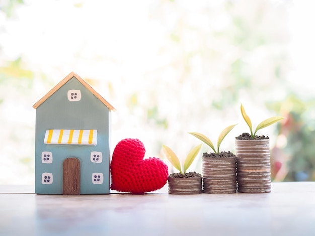 Plants growing up on stack of coins for Investment property concept Saving money for buy a house