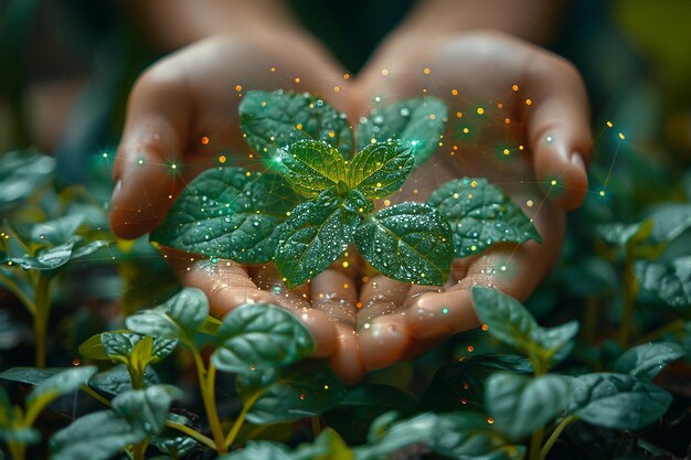 Photo plants on human hands with blurred background generated by ai