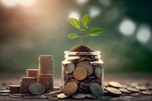 Plants on money Growth concept Plant growing in coins glass jar