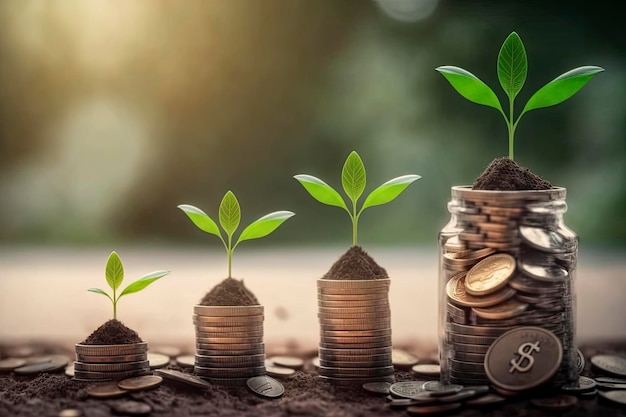 Plants on money Growth concept Plant growing in coins glass jar