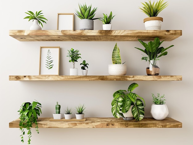 Plants and photo frames adorn wooden shelves against a light wall