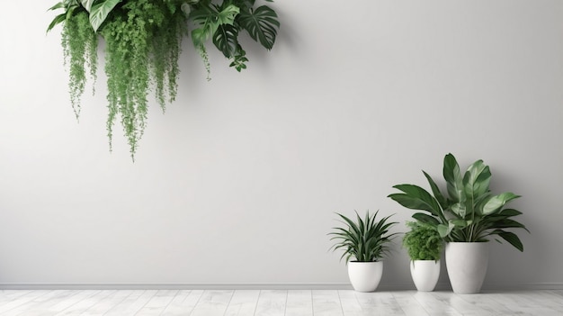 plants in pots on a white floor with a green plant hanging from the ceiling