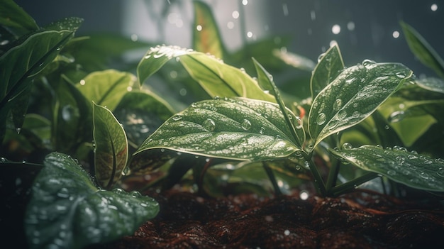 Plants in the rain with raindrops on them