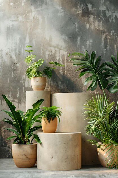 plants on a shelf with a concrete wall behind them