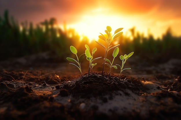 Plants sprouting at sunset Generative AI