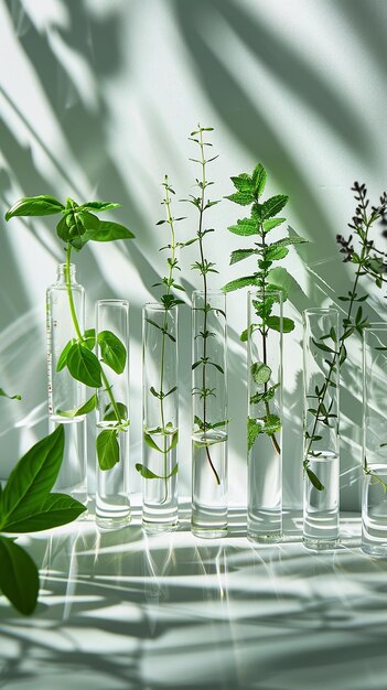 Photo plants in test tubes on light background