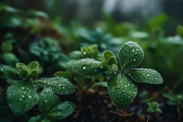 Plants with fresh water drops in garden on a rainy morning in countryside Generative AI