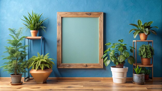 plants on a wooden shelf with a blue background and a picture frame