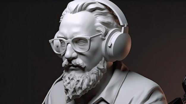 Plaster bust of a bearded man with glasses and headset headphones with Generative AI Technology