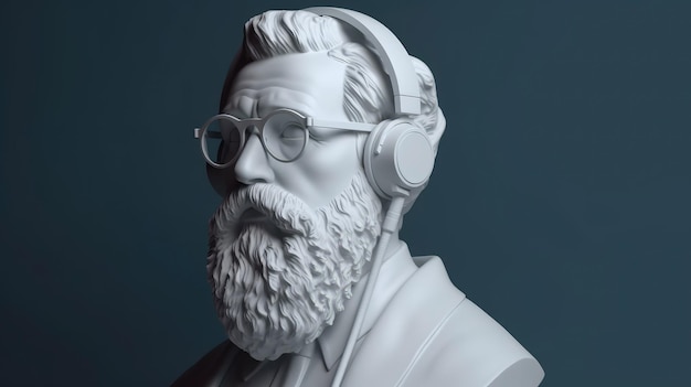 Plaster bust of a bearded man with glasses and headset headphones with Generative AI Technology