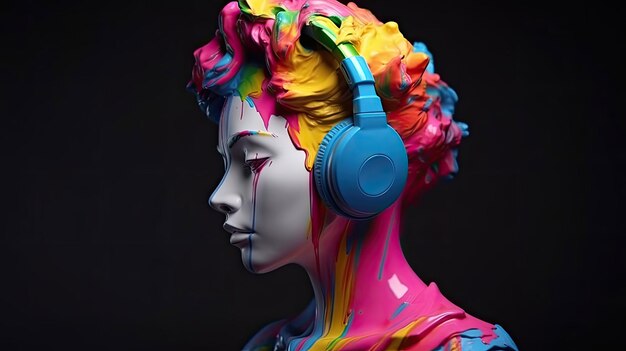 Plaster bust of a girl in headphones with a colorful pride face with Generative AI Technology