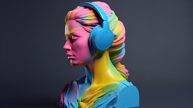 Plaster bust of a girl in headphones with a colorful pride face with Generative AI Technology