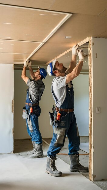 Photo plasterboard installers men assembling a drywall false ceiling