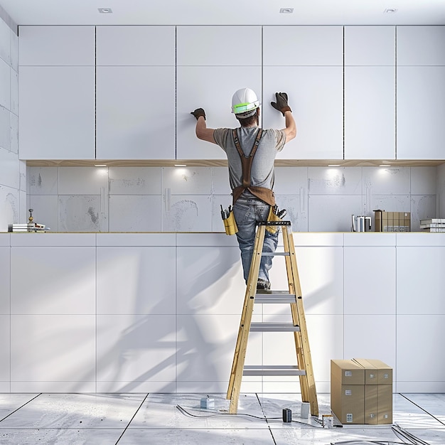 Plasterboard worker installs a plasterboard wall on the kitchen cabinets