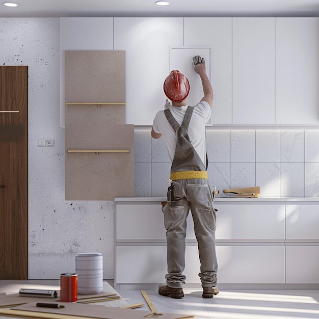 Plasterboard worker installs a plasterboard wall on the kitchen cabinets