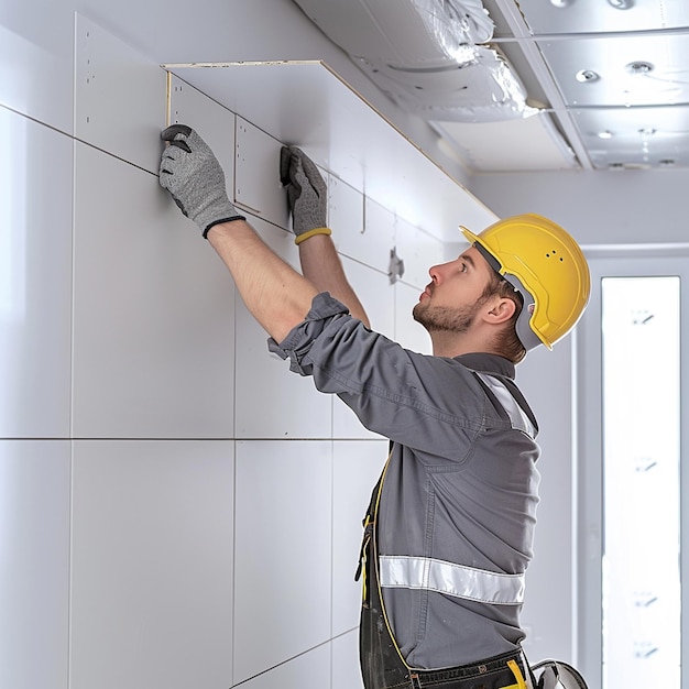 Plasterboard worker installs a plasterboard wall on the kitchen cabinets