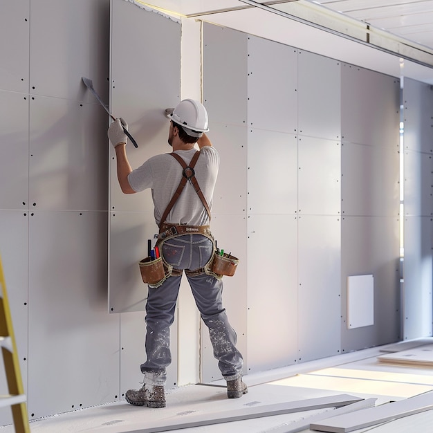 Plasterboard worker installs a plasterboard wall on the kitchen cabinets