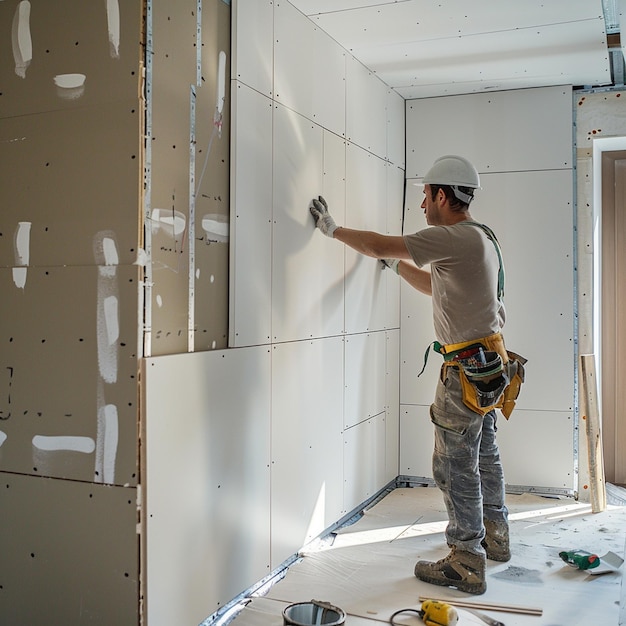 Photo plasterboard worker installs a plasterboard wall on the kitchen cabinets