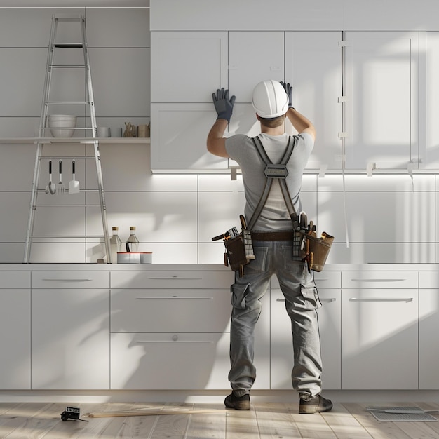 Plasterboard worker installs a plasterboard wall on the kitchen cabinets