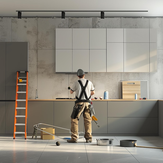 Plasterboard worker installs a plasterboard wall on the kitchen cabinets