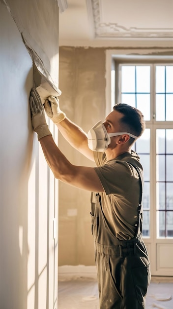 Plasterer renovating indoor walls