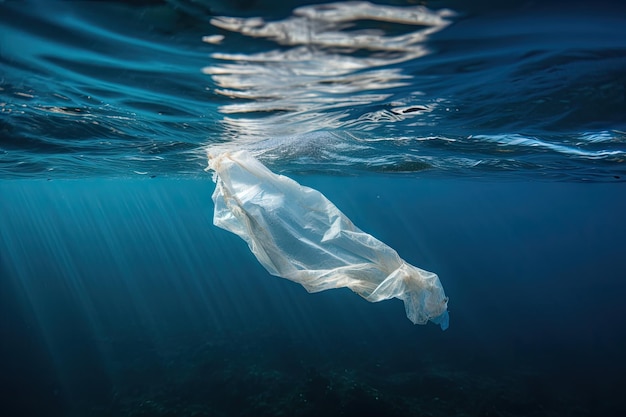 Plastic bag drifting on the surface of the ocean created with generative ai