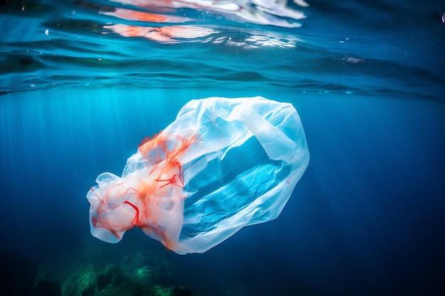 A plastic bag floating in the ocean