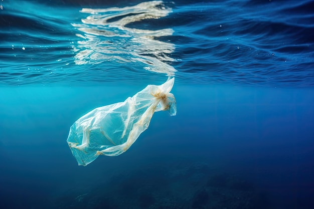 Plastic bag floating on the surface of the ocean created with generative ai