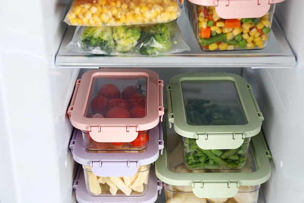 Plastic bags and containers with different frozen vegetables in refrigerator