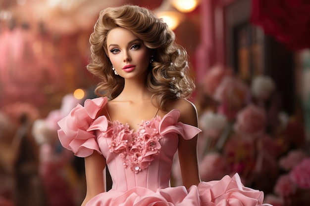 Plastic Barbie doll in pink ball gown at the party Holiday in the style of Barbie Generative AI