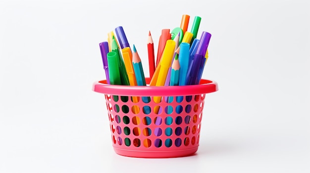 Plastic basket with art supplies