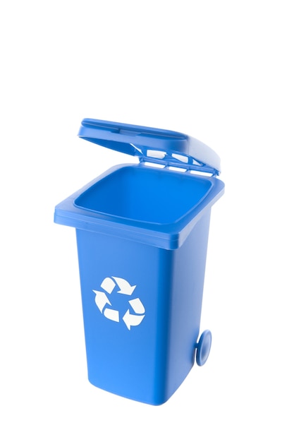 Plastic blue trash can isolated on white background