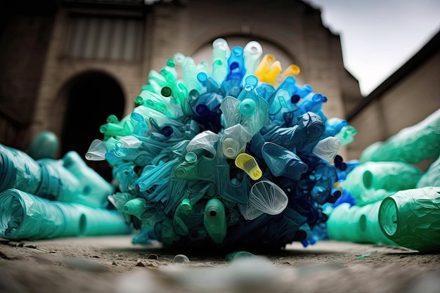 Plastic bottle being recycled into new plastic materials created with generative ai