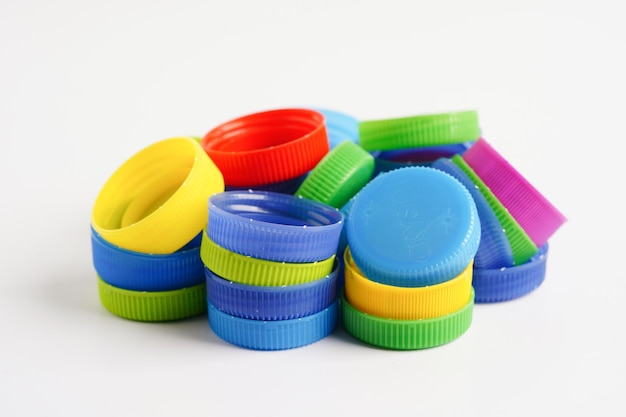 Plastic bottle caps colorful for recycle on white background