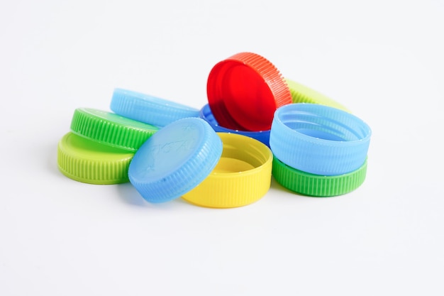 Plastic bottle caps colorful for recycle on white background