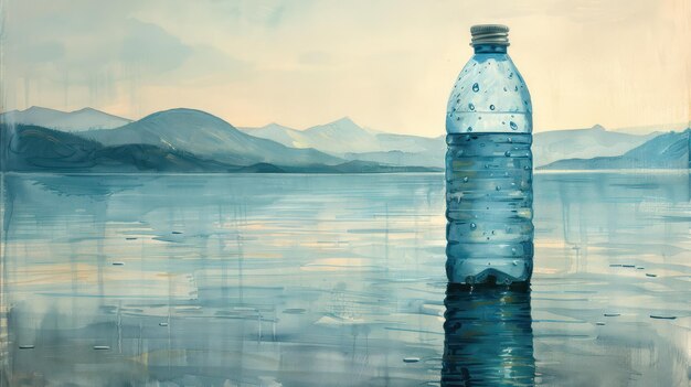 Plastic bottle of clean drinking fresh water on sea and mountains watercolor drawing Generative AI