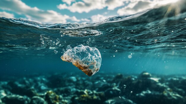 Photo a plastic bottle drifts underwater highlighting pollution on world animal day