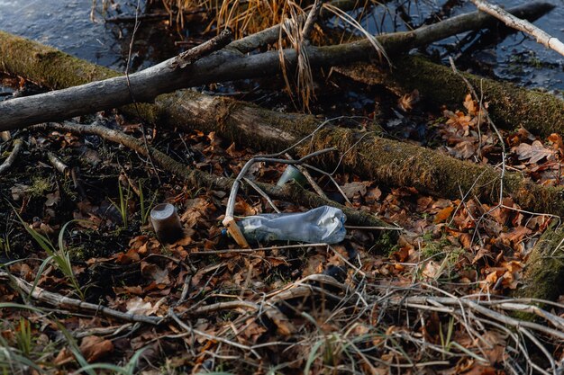 Photo plastic bottle litter in the forest ecological pollution of the surrounding world by human hands