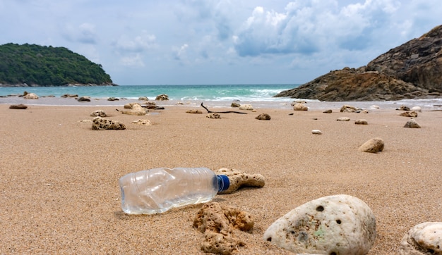 Plastic bottle waste is an environmental pollution on the beach.